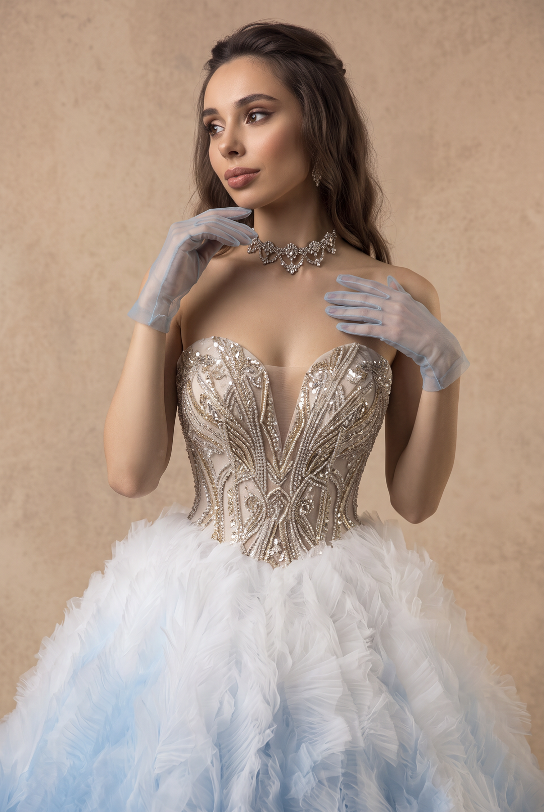 Gradient Blue Strapless Princess Wedding Dress with Sweetheart Neckline and Layered Tulle Ruffles Plus Size