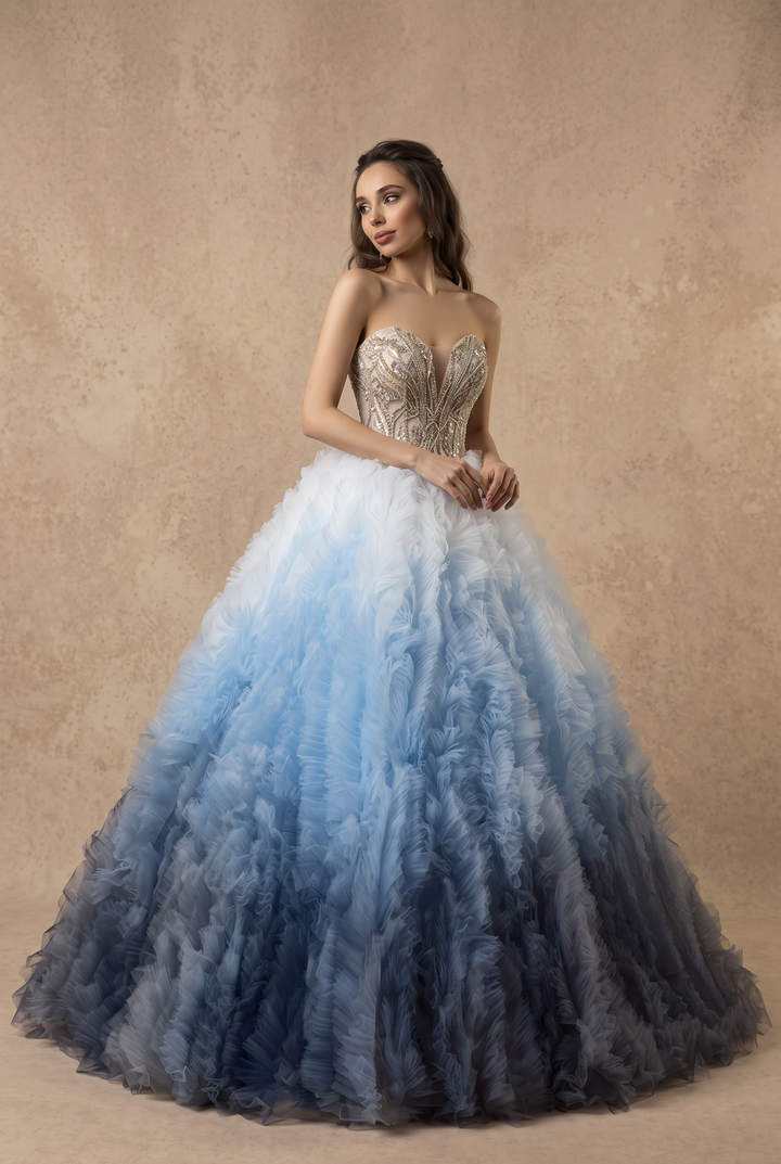 Gradient Blue Strapless Princess Wedding Dress with Sweetheart Neckline and Layered Tulle Ruffles Plus Size