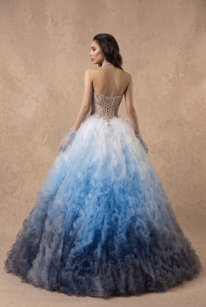 Gradient Blue Strapless Princess Wedding Dress with Sweetheart Neckline and Layered Tulle Ruffles Plus Size