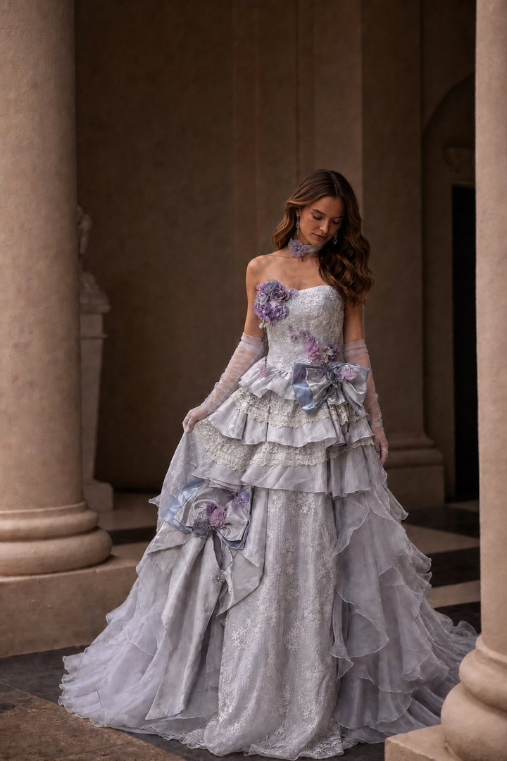 Gray Lace Evening Dress with Floral Appliqué and Layered Ruffle Skirt Plus Size