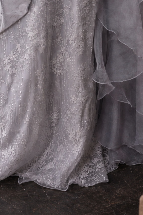 Gray Lace Evening Dress with Floral Appliqué and Layered Ruffle Skirt Plus Size