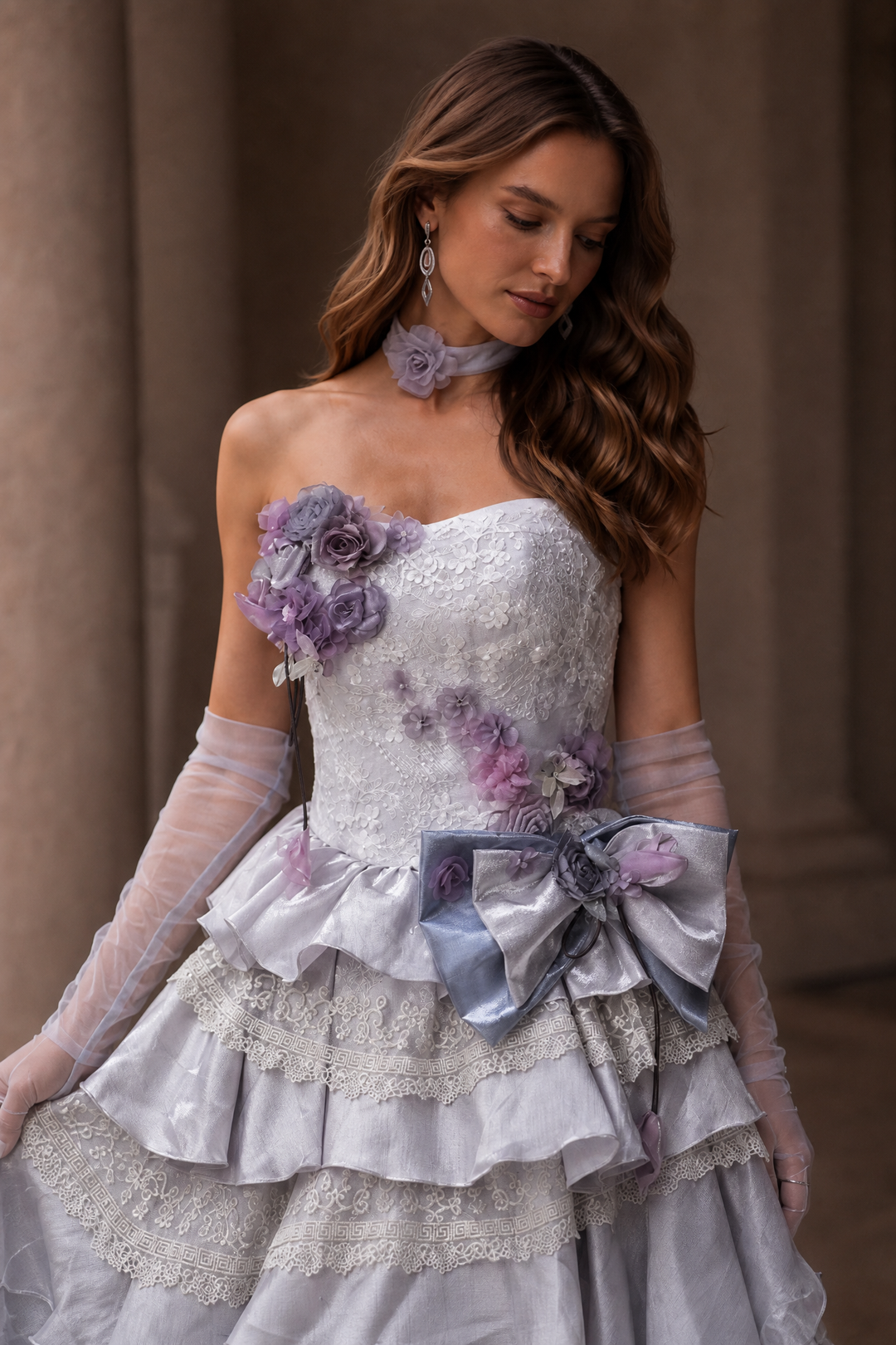 Gray Lace Evening Dress with Floral Appliqué and Layered Ruffle Skirt Plus Size