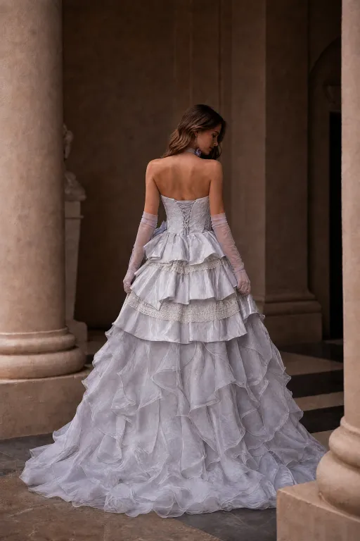 Gray Lace Evening Dress with Floral Appliqué and Layered Ruffle Skirt Plus Size