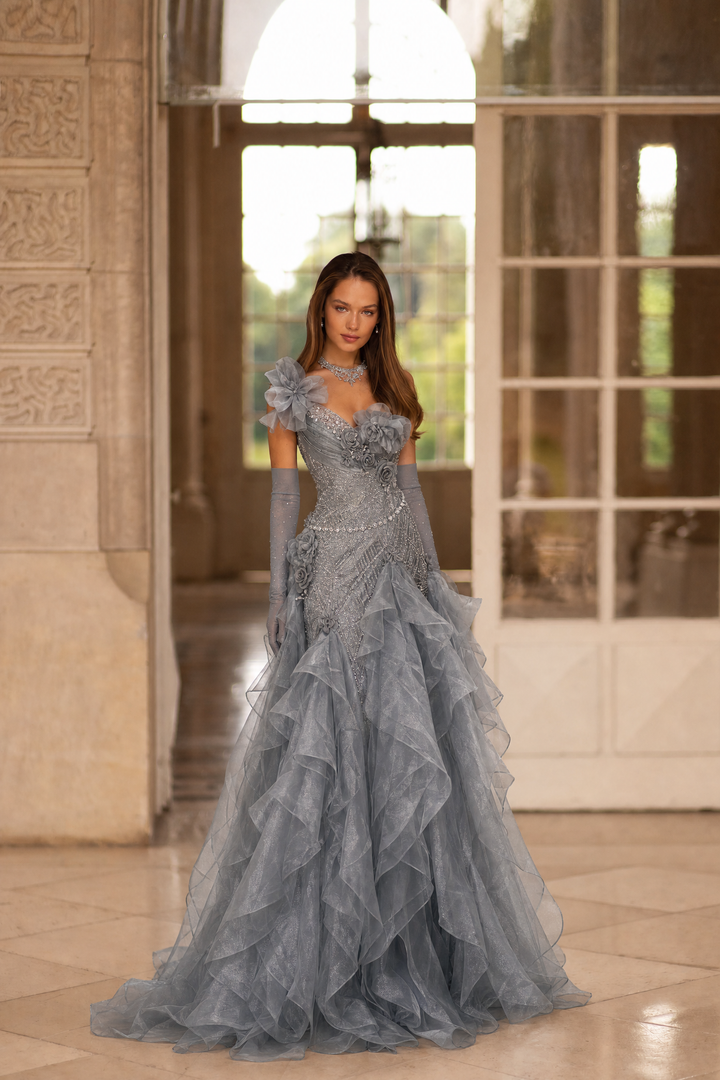 Gray Layered Tulle Ruffle Dress with Floral Appliqué – One Shoulder Evening Dress with Lace-Up Back Plus Size