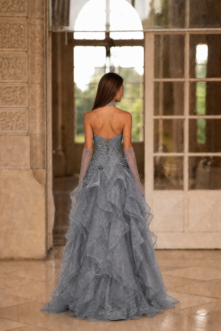 Gray Layered Tulle Ruffle Dress with Floral Appliqué – One Shoulder Evening Dress with Lace-Up Back Plus Size