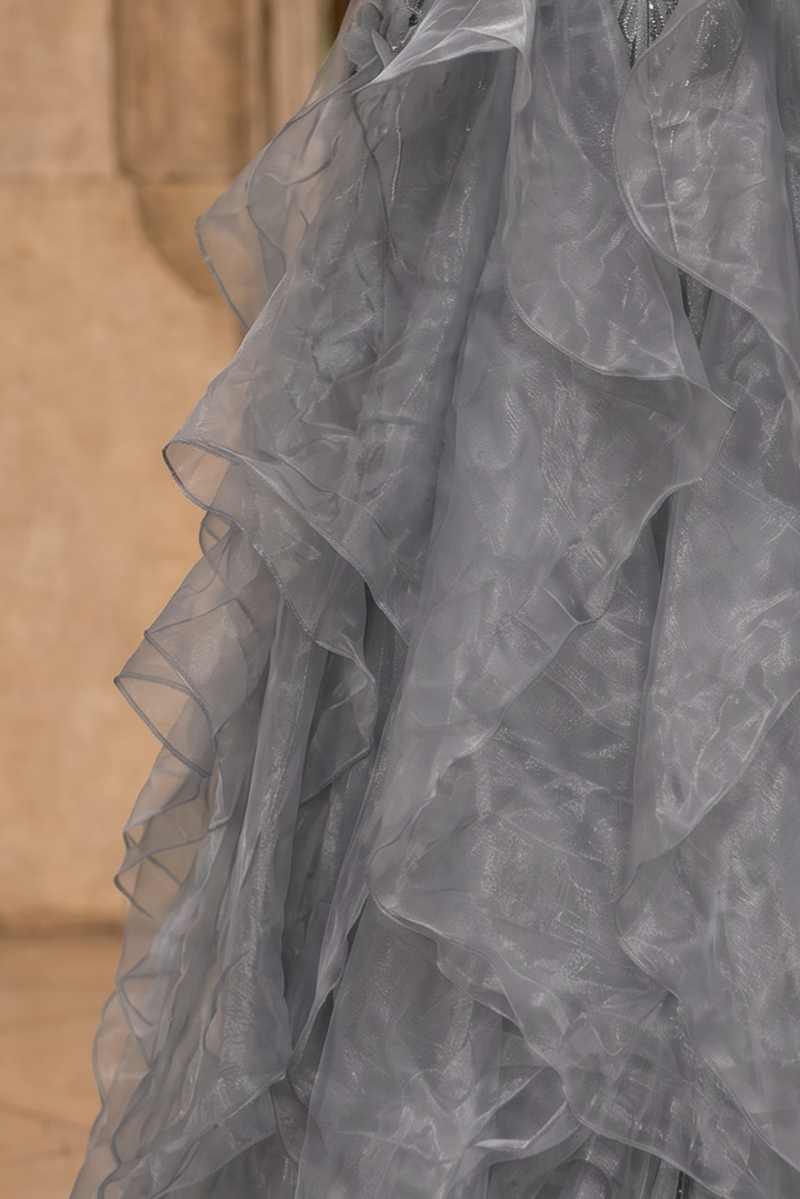 Gray Layered Tulle Ruffle Dress with Floral Appliqué – One Shoulder Evening Dress with Lace-Up Back Plus Size