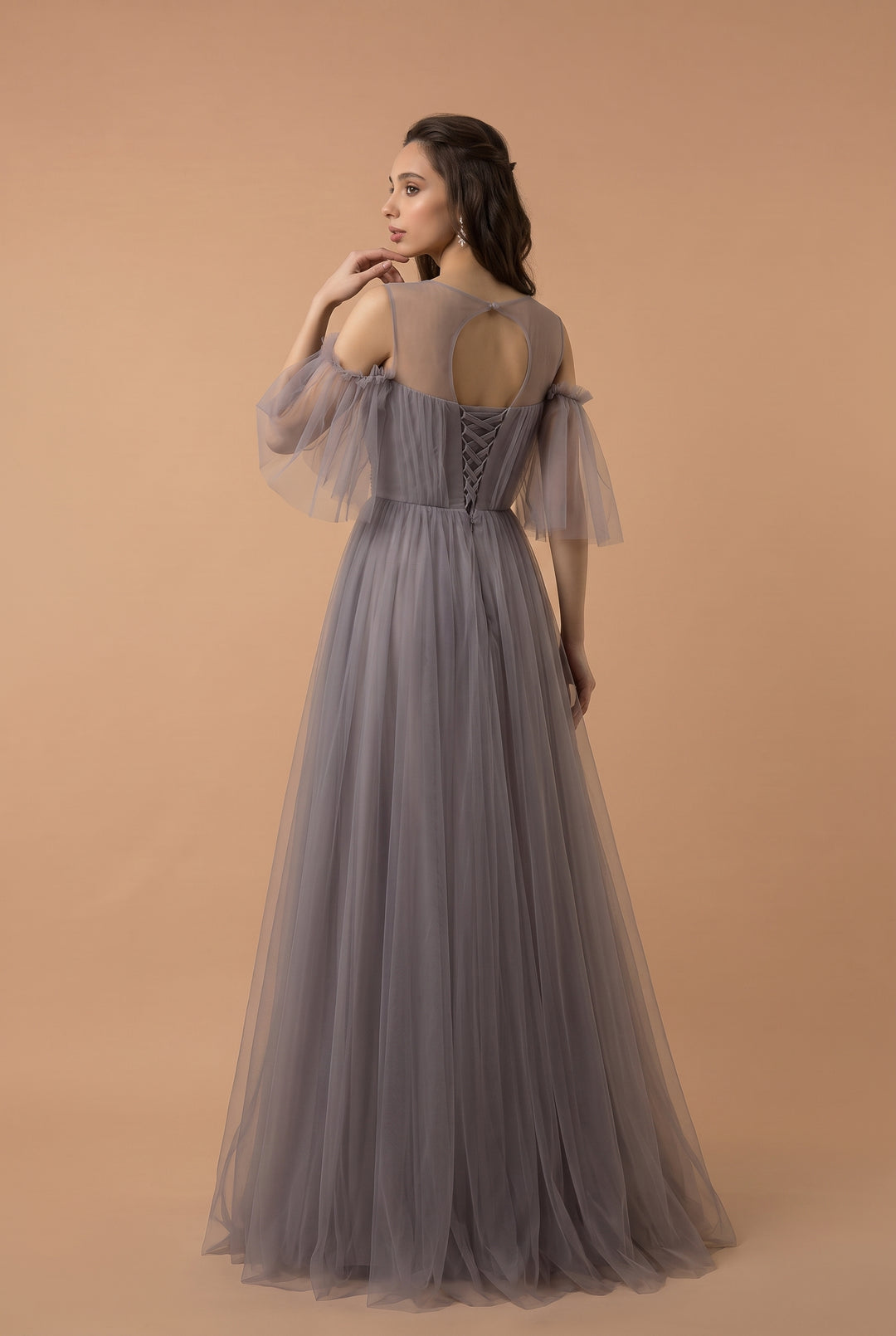 Gray Tulle Evening Dress with Embellished Waist - Off-Shoulder Evening Gown with Sleeves Plus Size