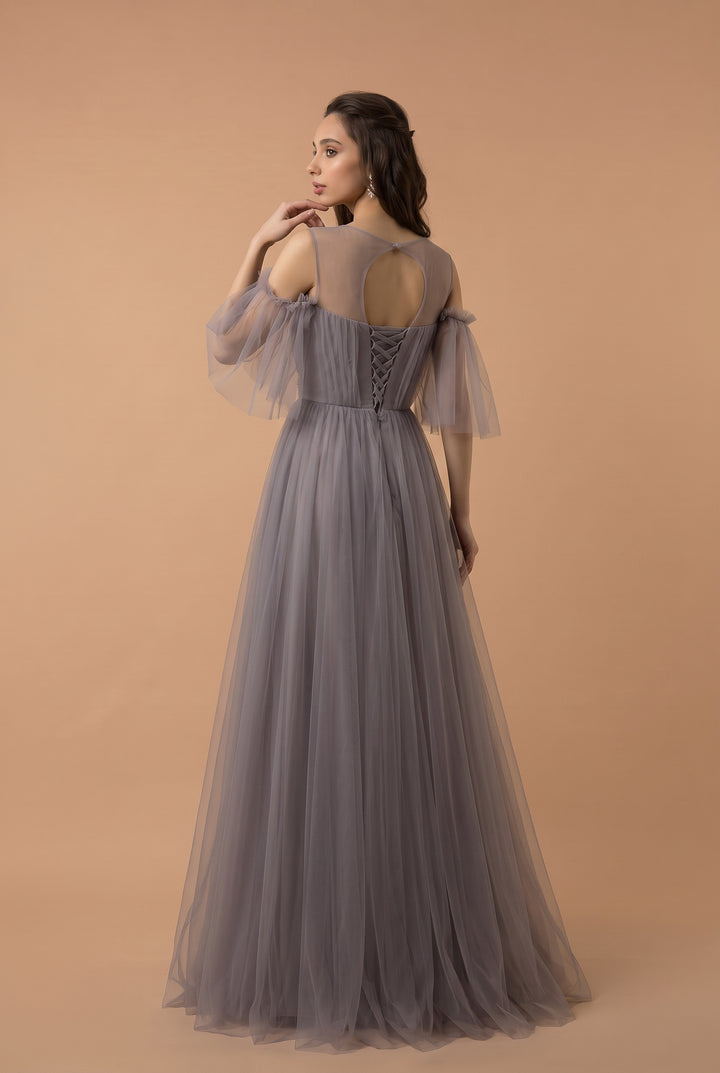 Gray Tulle Evening Dress with Embellished Waist - Off-Shoulder Evening Gown with Sleeves Plus Size