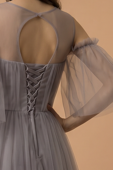 Gray Tulle Evening Dress with Embellished Waist - Off-Shoulder Evening Gown with Sleeves Plus Size