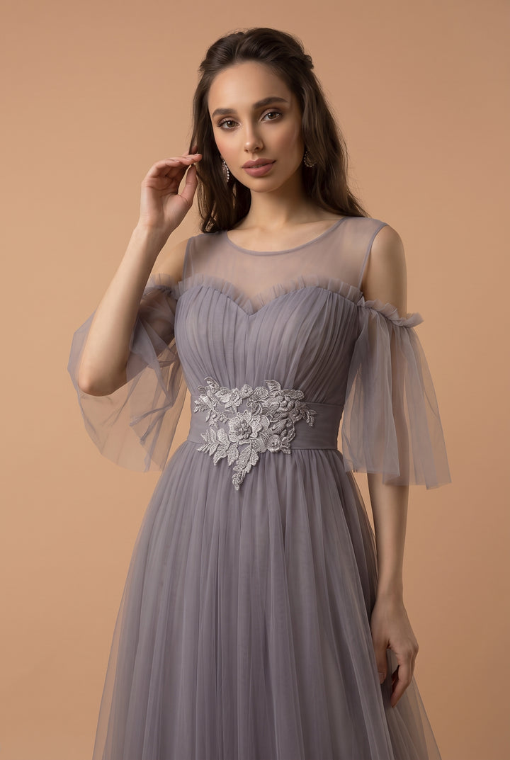 Gray Tulle Evening Dress with Embellished Waist - Off-Shoulder Evening Gown with Sleeves Plus Size