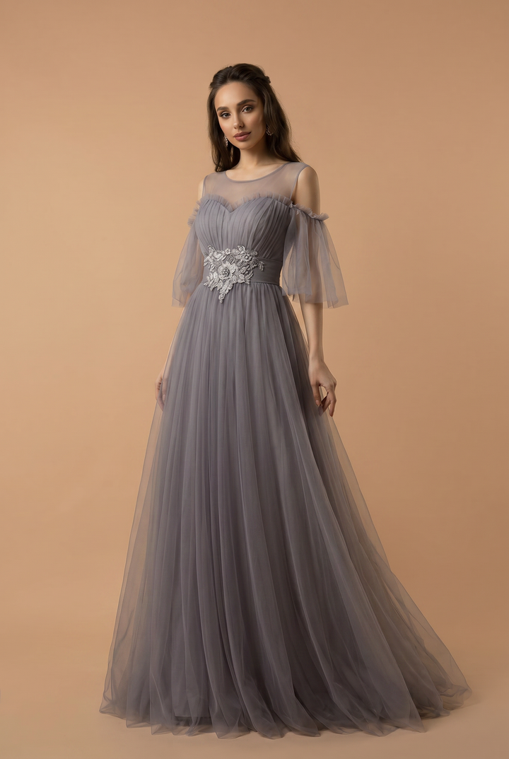 Gray Tulle Evening Dress with Embellished Waist - Off-Shoulder Evening Gown with Sleeves Plus Size
