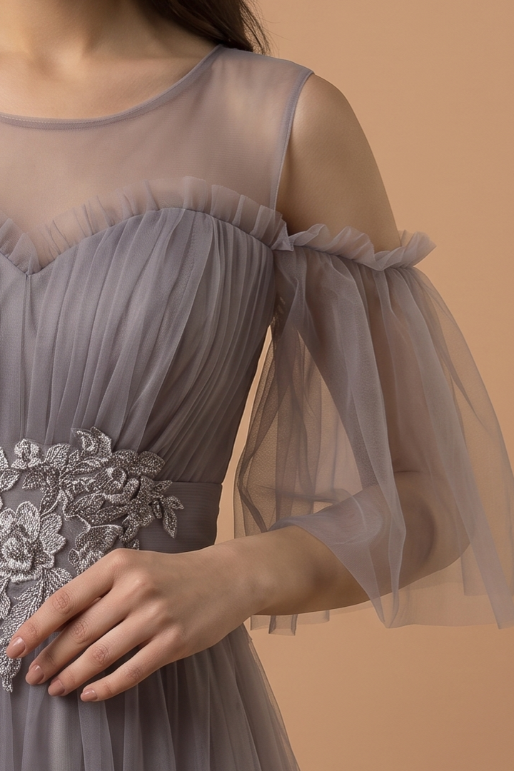 Gray Tulle Evening Dress with Embellished Waist - Off-Shoulder Evening Gown with Sleeves Plus Size