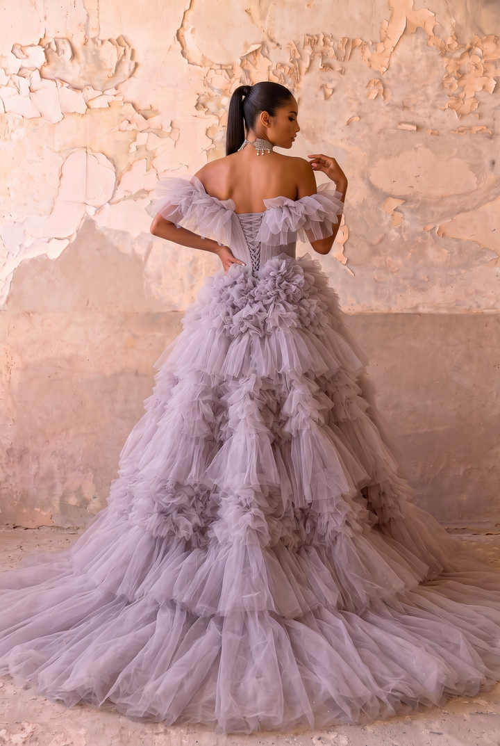 Grayish Purple Off-Shoulder Layered Tulle Ruffle Dress - Purple Corset Back Wedding Dress Plus Size