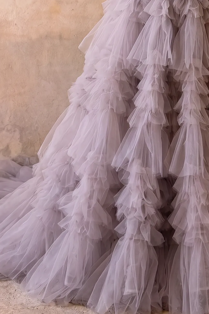 Grayish Purple Off-Shoulder Layered Tulle Ruffle Dress - Purple Corset Back Wedding Dress Plus Size