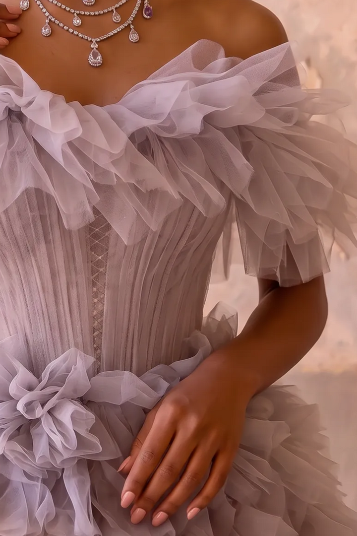 Grayish Purple Off-Shoulder Layered Tulle Ruffle Dress - Purple Corset Back Wedding Dress Plus Size
