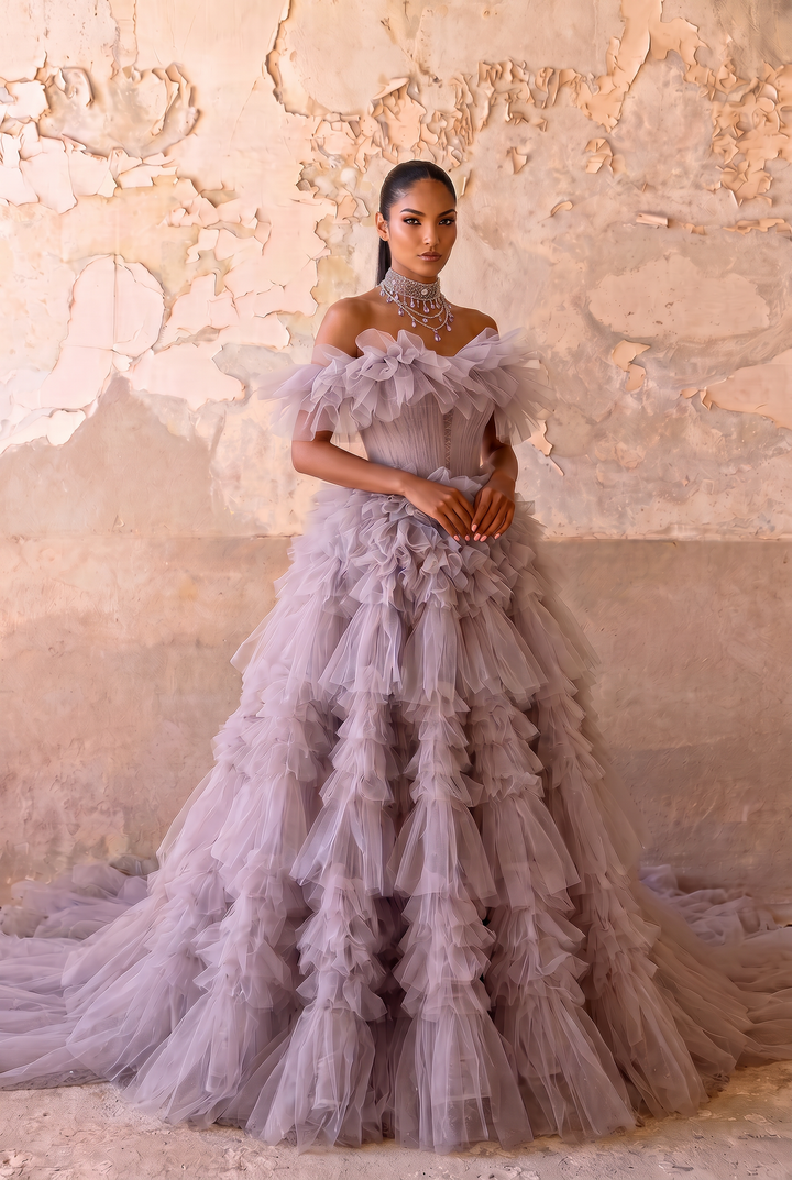 Grayish Purple Off-Shoulder Layered Tulle Ruffle Dress - Purple Corset Back Wedding Dress Plus Size