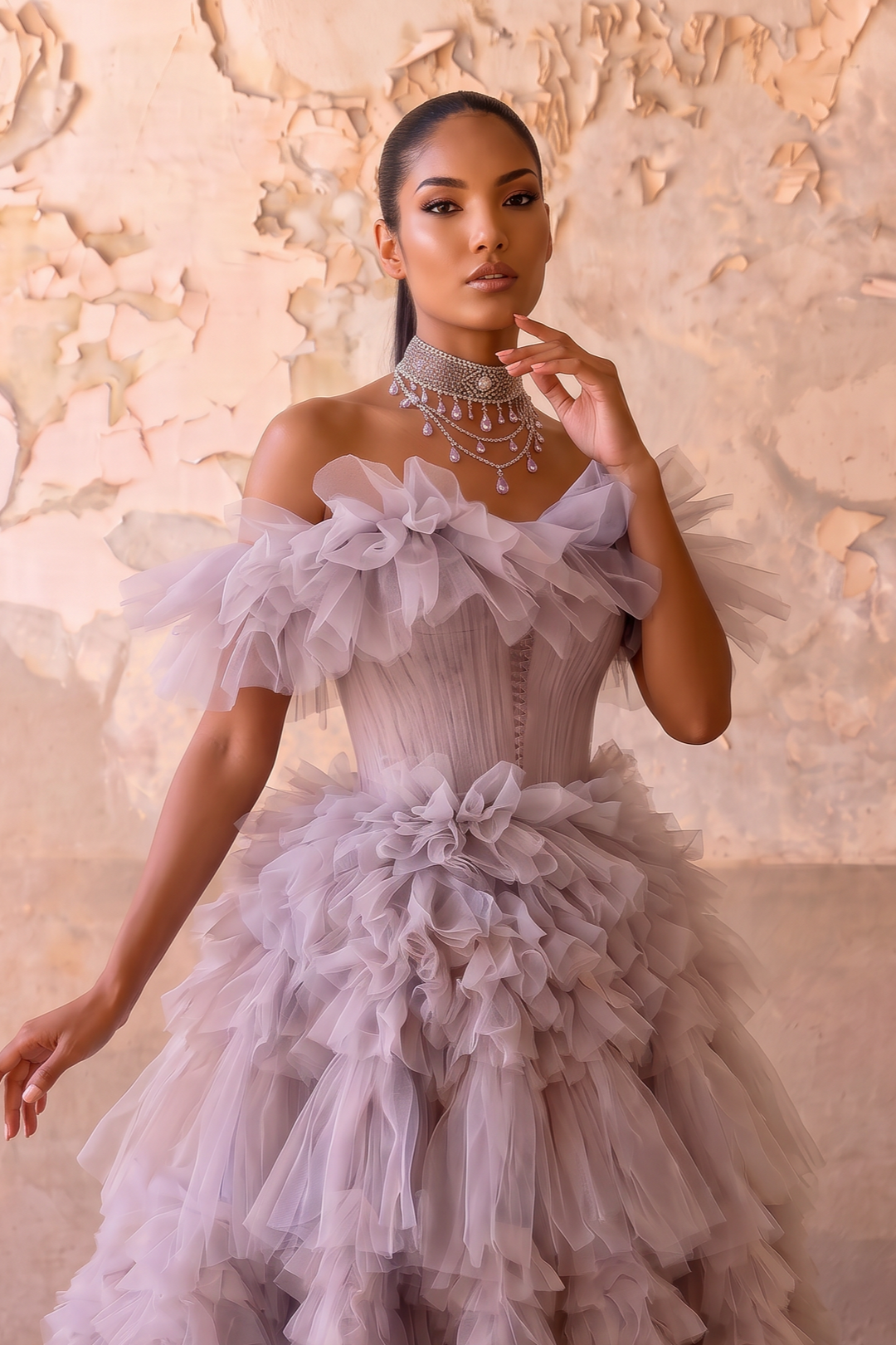 Grayish Purple Off-Shoulder Layered Tulle Ruffle Dress - Purple Corset Back Wedding Dress Plus Size