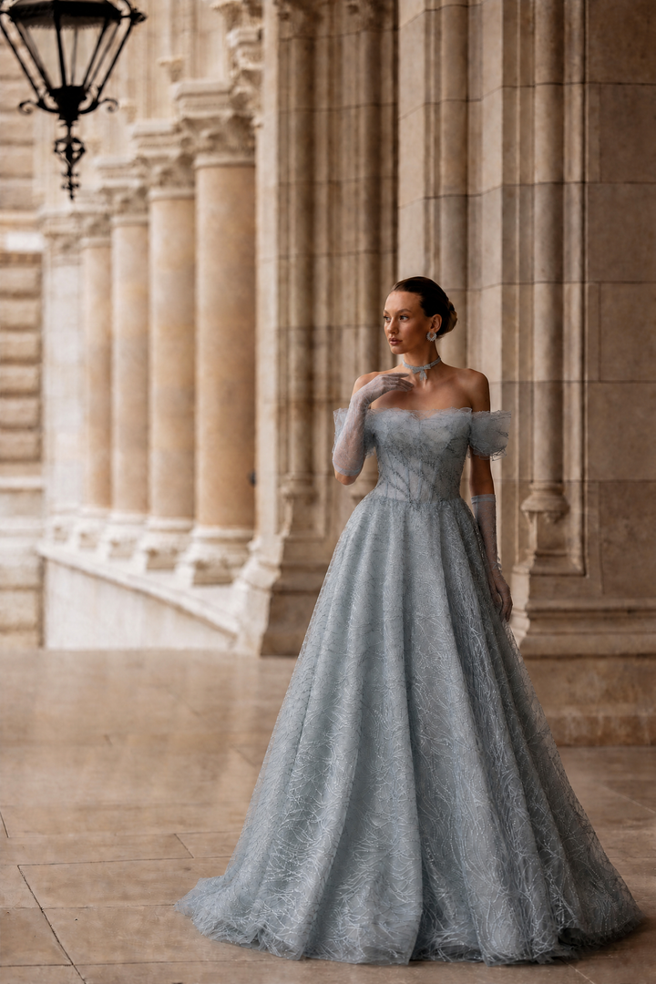 Green Off the Shoulder Evening Dress – Designer Sequin Gown with Sequin Embroidery and Matching Choker Plus Size