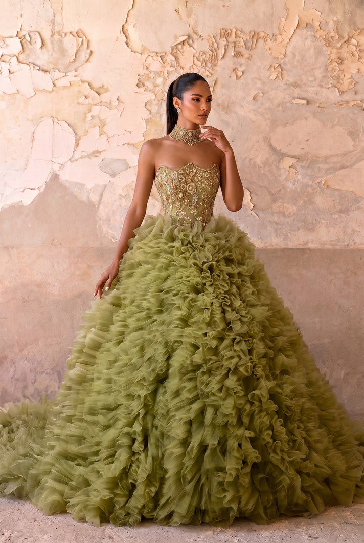 Green Ball Gown with Corset Back - Tiered Tulle Ball Gown - Corset Tulle Dress with Layered Ruffle Skirt - Layered Tulle Ruffle Dress Plus Size