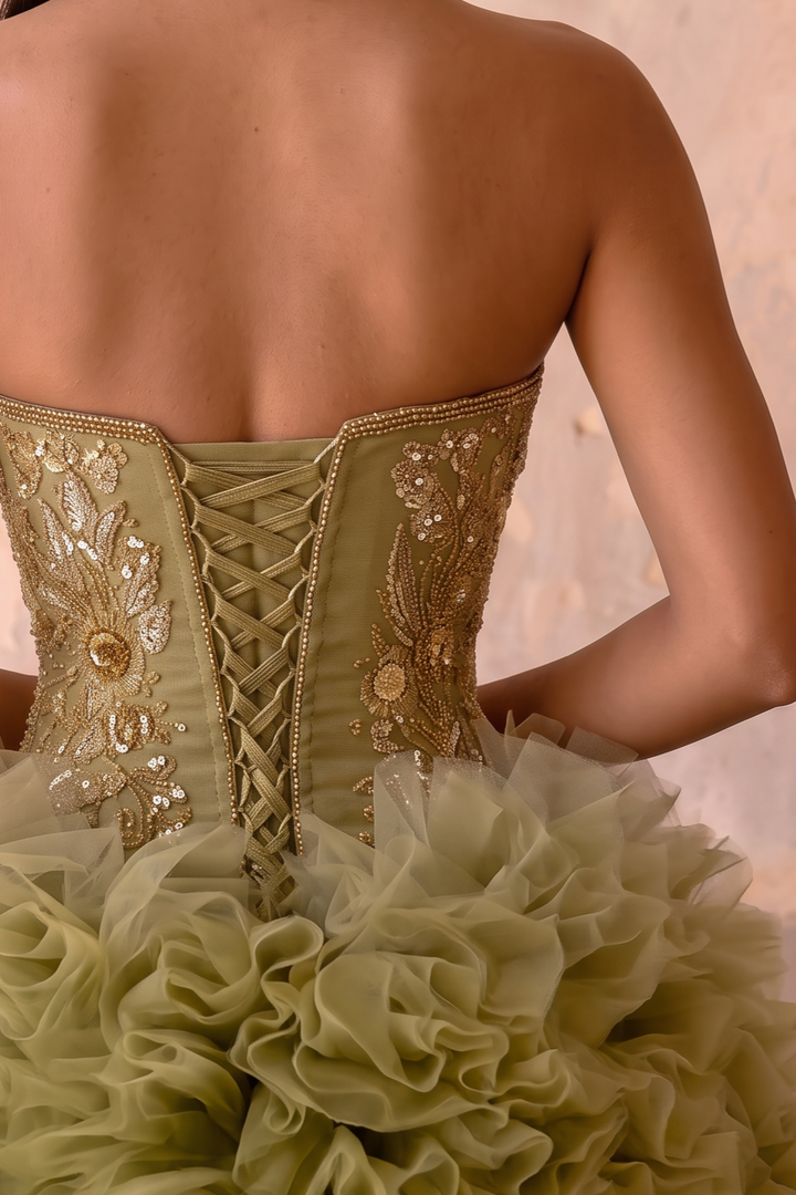 Green Ball Gown with Corset Back - Tiered Tulle Ball Gown - Corset Tulle Dress with Layered Ruffle Skirt - Layered Tulle Ruffle Dress Plus Size