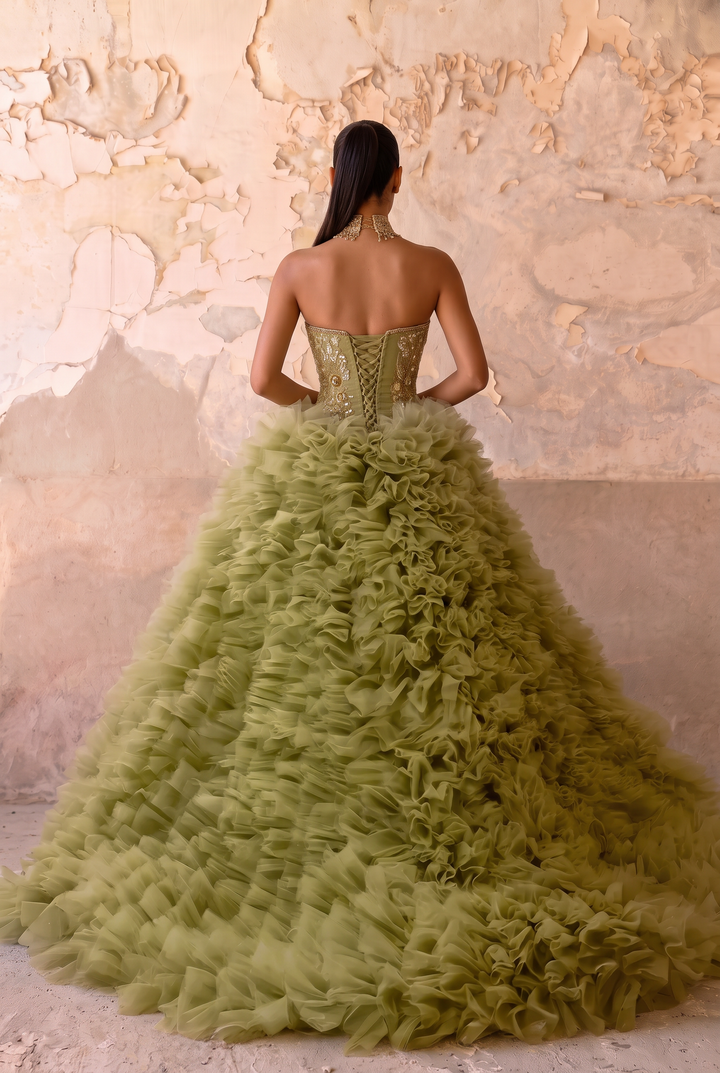 Green Ball Gown with Corset Back - Tiered Tulle Ball Gown - Corset Tulle Dress with Layered Ruffle Skirt - Layered Tulle Ruffle Dress Plus Size