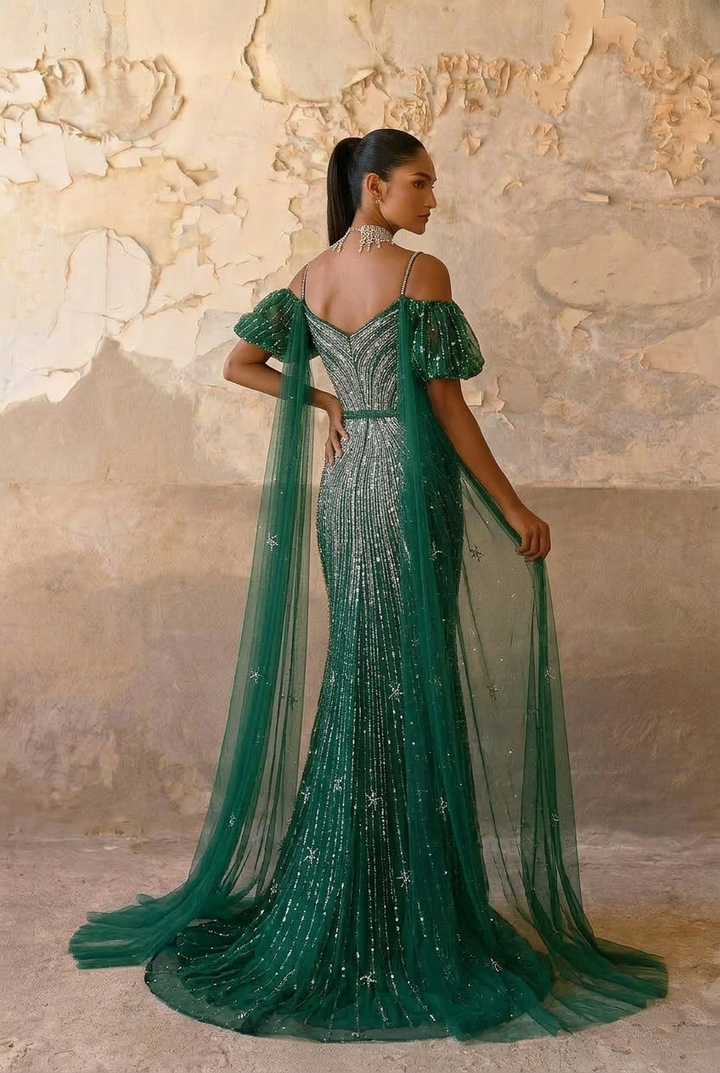 Green Sequin Evening Gown with Pleated Sleeves – Sparkly Maxi Dress with Tulle Train Plus Size