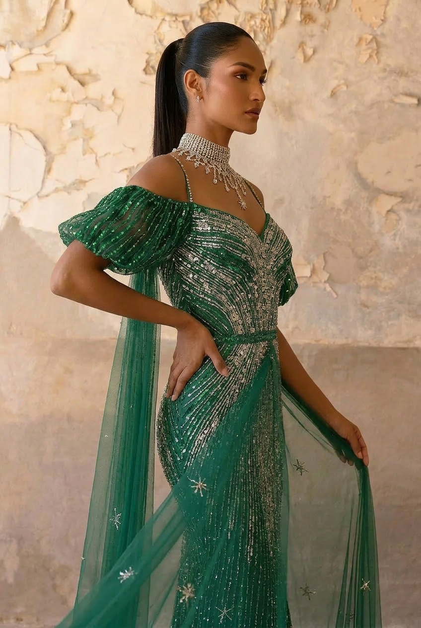 Green Sequin Evening Gown with Pleated Sleeves – Sparkly Maxi Dress with Tulle Train Plus Size