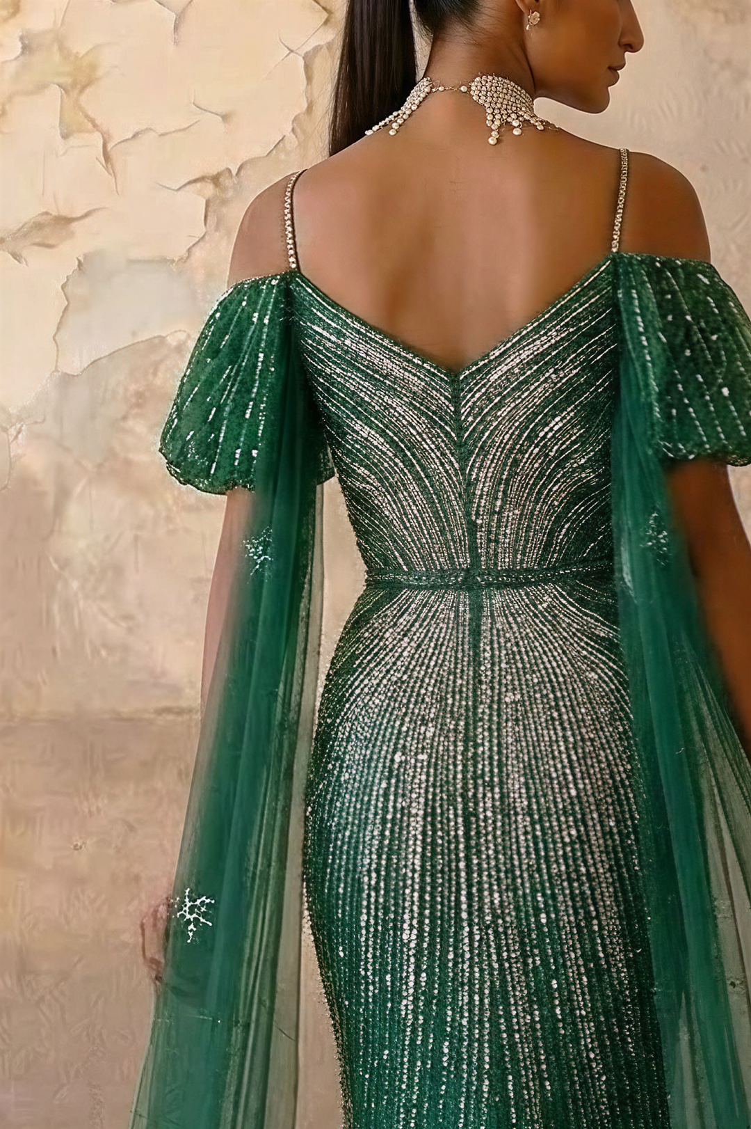 Green Sequin Evening Gown with Pleated Sleeves – Sparkly Maxi Dress with Tulle Train Plus Size