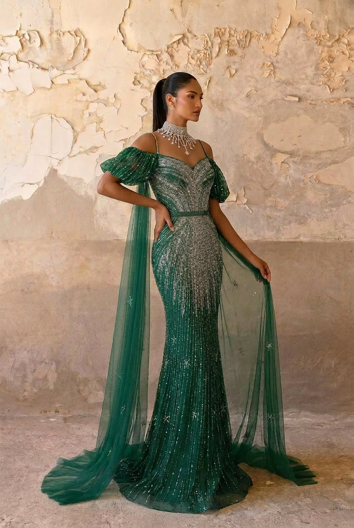 Green Sequin Evening Gown with Pleated Sleeves – Sparkly Maxi Dress with Tulle Train Plus Size