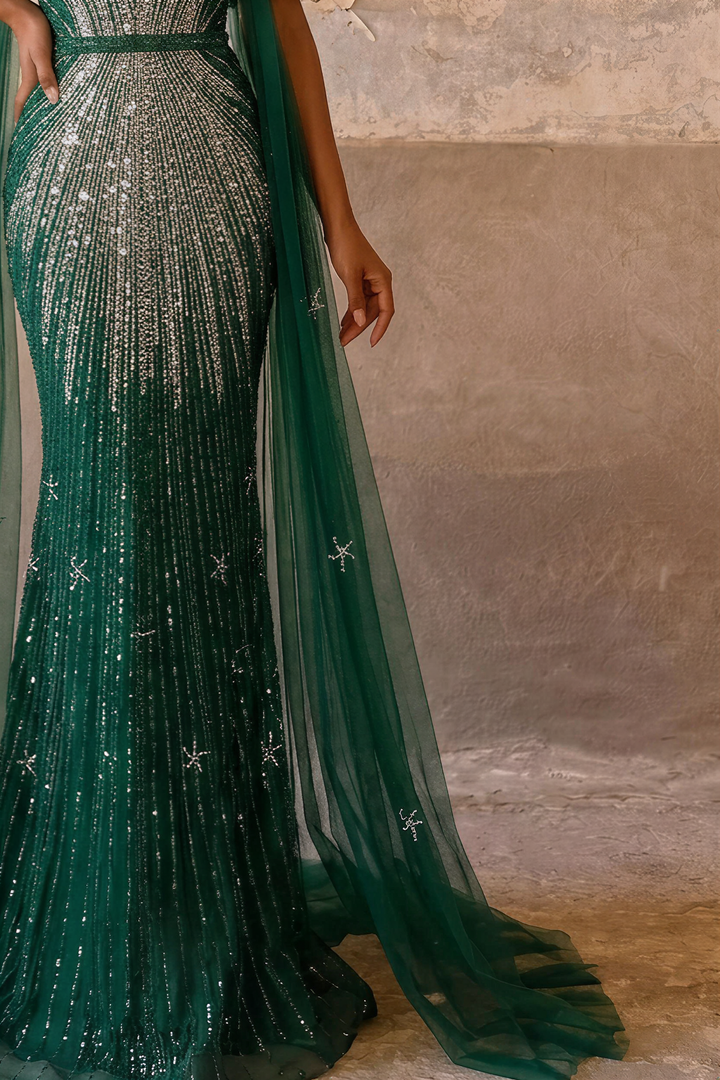Green Sequin Evening Gown with Pleated Sleeves – Sparkly Maxi Dress with Tulle Train Plus Size