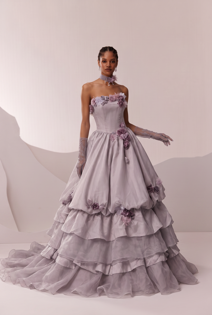 Grey Floral Embellished Evening Dress with Layered Ball Gown Skirt and Corset Back Plus Size
