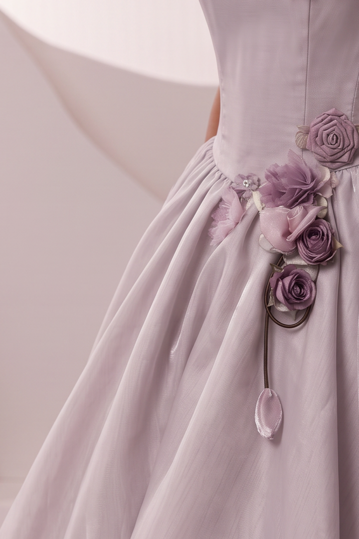 Grey Floral Embellished Evening Dress with Layered Ball Gown Skirt and Corset Back Plus Size