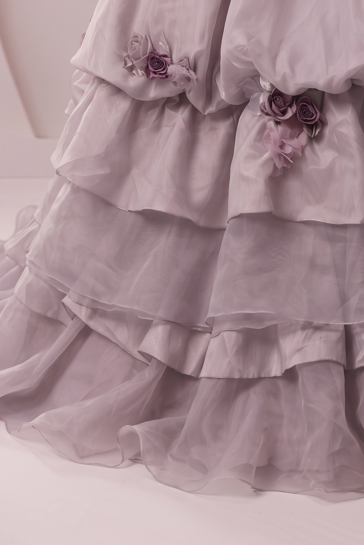 Grey Floral Embellished Evening Dress with Layered Ball Gown Skirt and Corset Back Plus Size