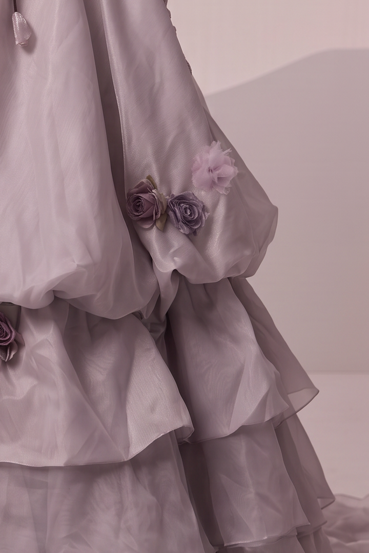 Grey Floral Embellished Evening Dress with Layered Ball Gown Skirt and Corset Back Plus Size