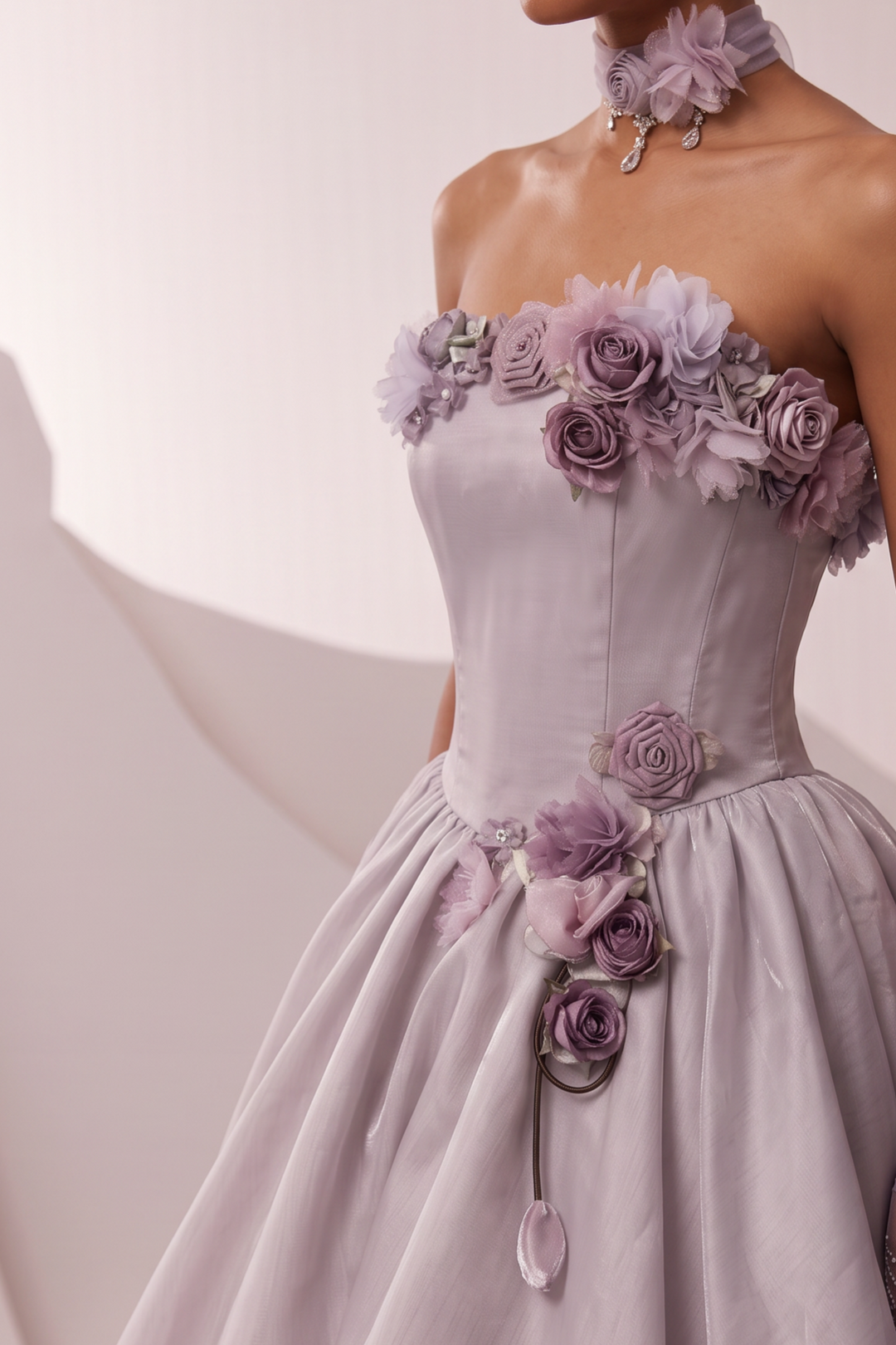 Grey Floral Embellished Evening Dress with Layered Ball Gown Skirt and Corset Back Plus Size