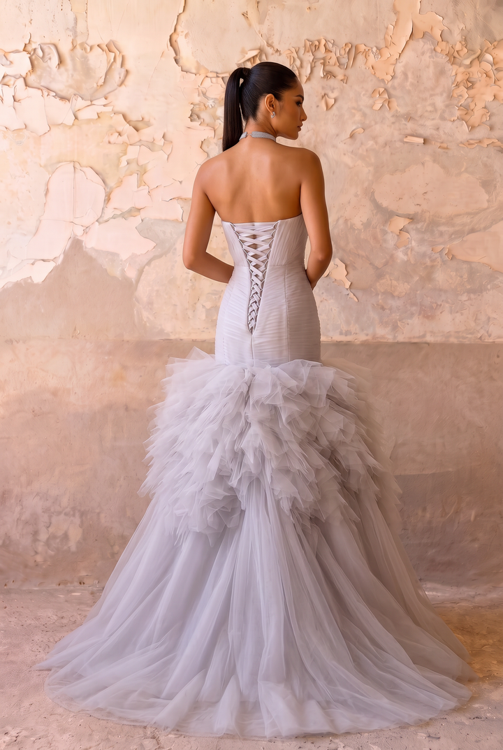Grey Wedding Dress with Strapless Corset Bodice - Mermaid Gown with Ruffled Tulle Skirt and Train - Elegant Bridal Dress Plus Size