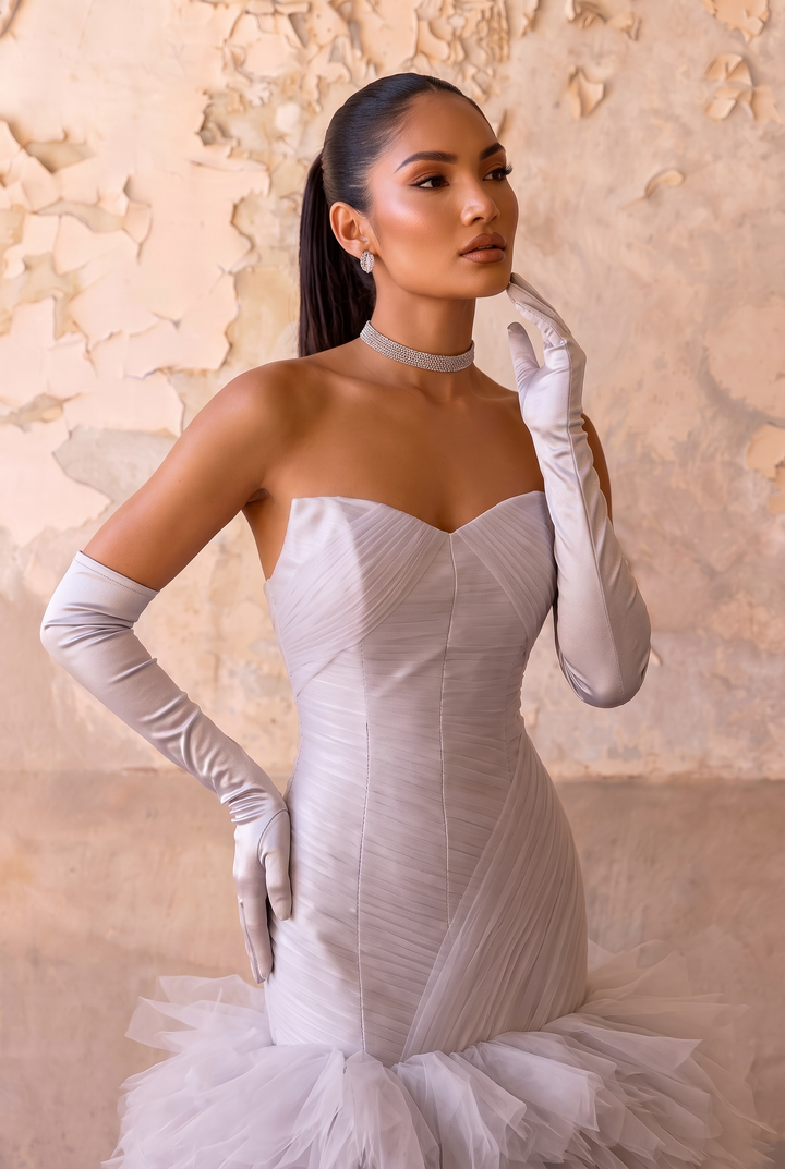 Grey Wedding Dress with Strapless Corset Bodice - Mermaid Gown with Ruffled Tulle Skirt and Train - Elegant Bridal Dress Plus Size