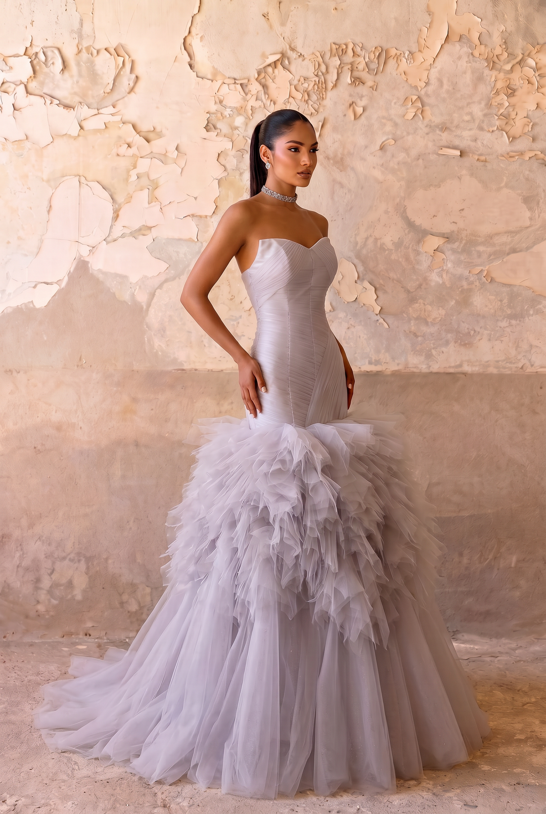 Grey Wedding Dress with Strapless Corset Bodice - Mermaid Gown with Ruffled Tulle Skirt and Train - Elegant Bridal Dress Plus Size