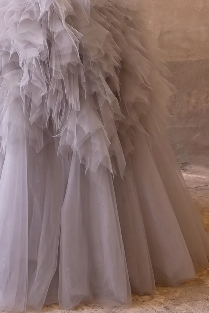 Grey Wedding Dress with Strapless Corset Bodice - Mermaid Gown with Ruffled Tulle Skirt and Train - Elegant Bridal Dress Plus Size