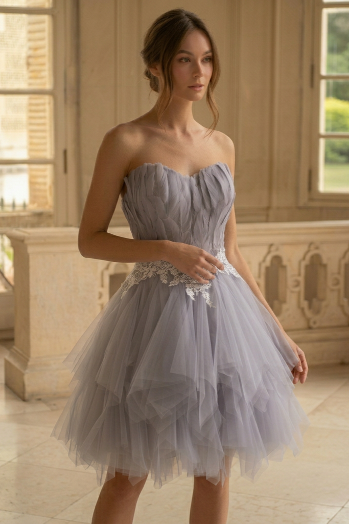 Grey Feathered Short Wedding Party Dress - Layered Tulle Dress - Strapless Corset Bridal Gown Plus Size