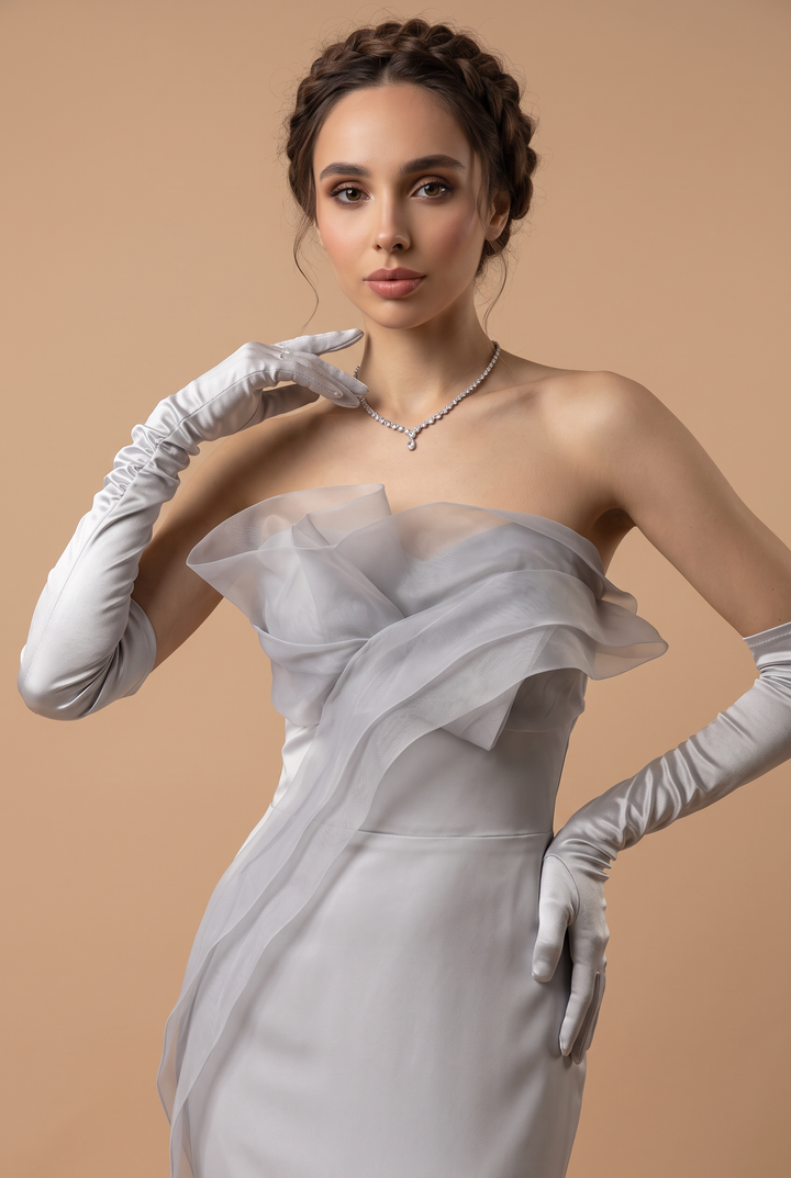 Grey Off Shoulder Gauze Prom Dress -  Formal Dress Plus Size