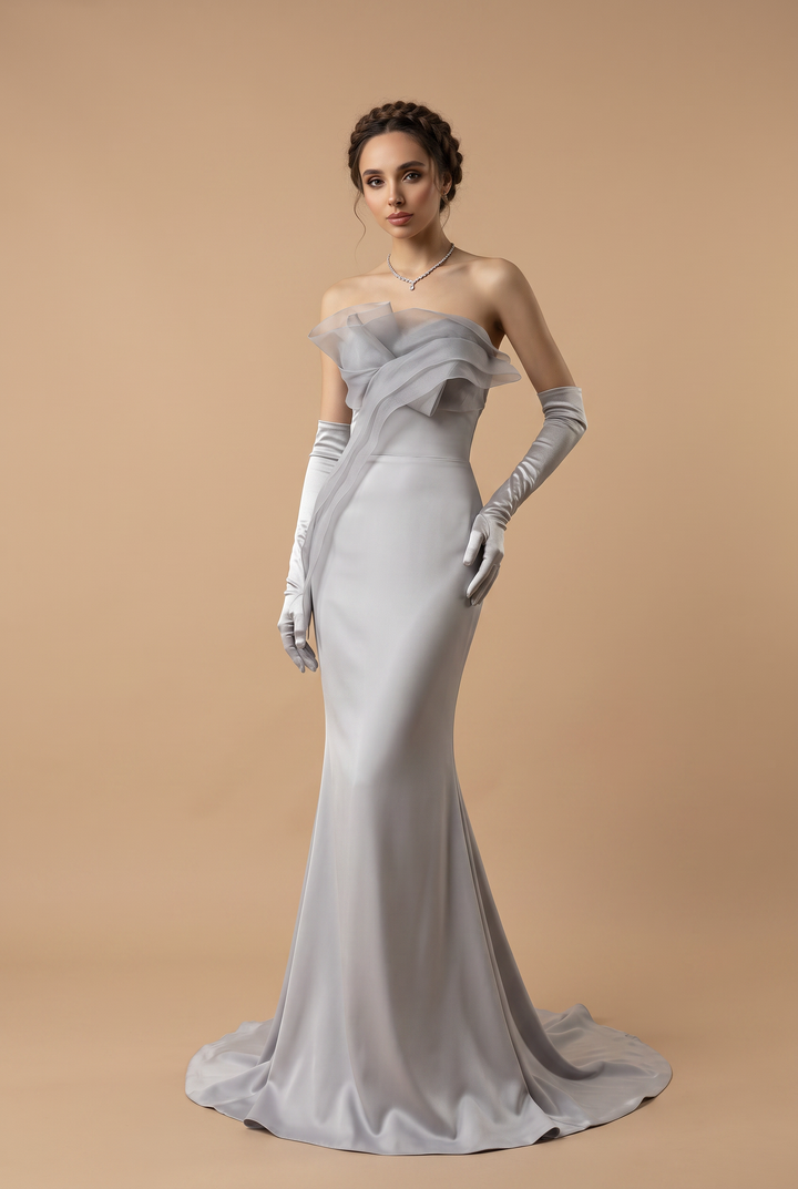 Grey Off Shoulder Gauze Prom Dress -  Formal Dress Plus Size