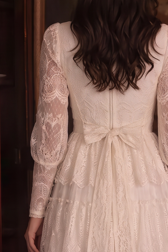 Gunne Sax Inspired Victorian Ivory Lace Maxi Dress with Square Neck Long Sleeves Tiered Skirt Plus Size