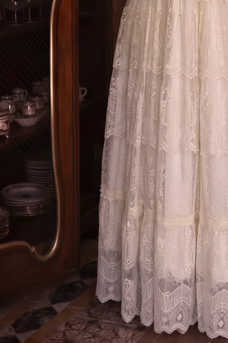 Gunne Sax Inspired Victorian Ivory Lace Maxi Dress with Square Neck Long Sleeves Tiered Skirt Plus Size