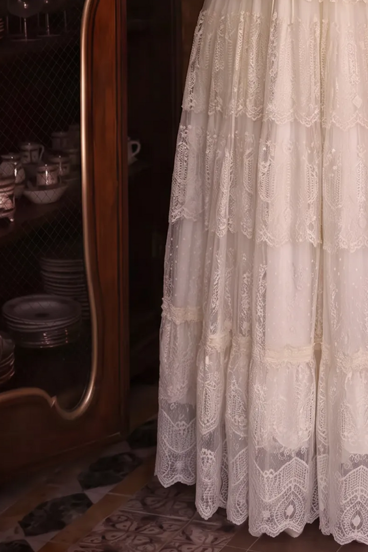 Gunne Sax Inspired Victorian Ivory Lace Maxi Dress with Square Neck Long Sleeves Tiered Skirt Plus Size