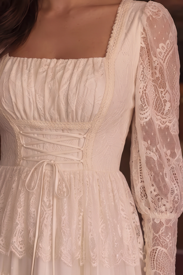 Gunne Sax Inspired Victorian Ivory Lace Maxi Dress with Square Neck Long Sleeves Tiered Skirt Plus Size