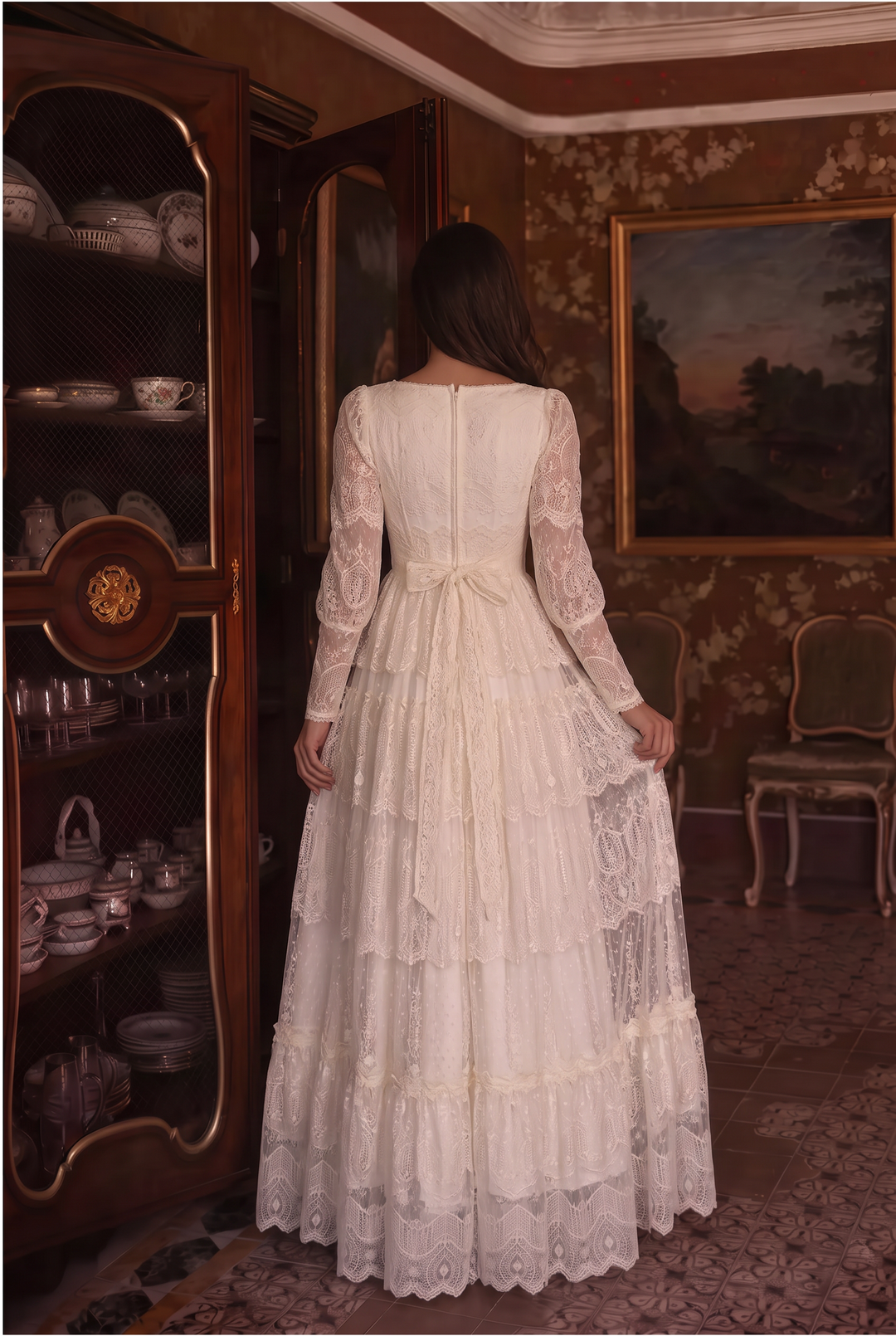Gunne Sax Inspired Victorian Ivory Lace Maxi Dress with Square Neck Long Sleeves Tiered Skirt Plus Size