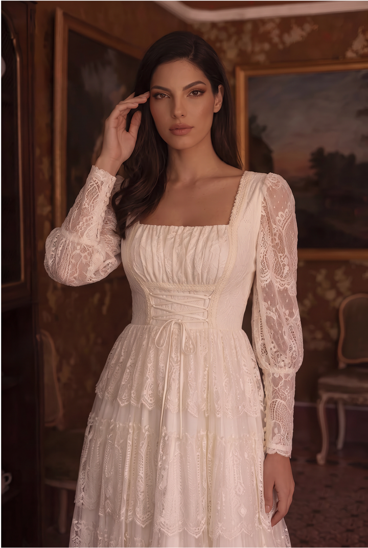 Gunne Sax Inspired Victorian Ivory Lace Maxi Dress with Square Neck Long Sleeves Tiered Skirt Plus Size