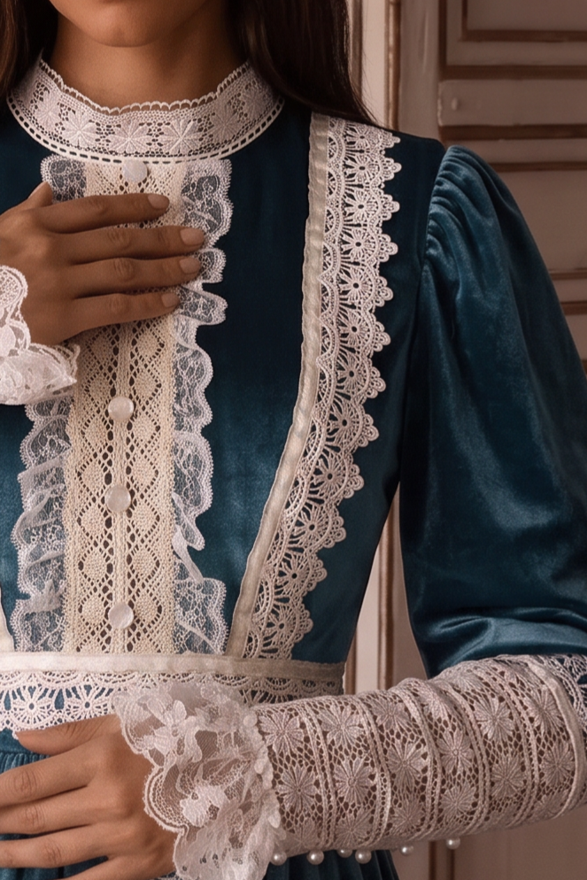 Gunne Sax Inspired Victorian Teal Velvet Dress with Blue Maxi Skirt White Lace High Neck Plus Size