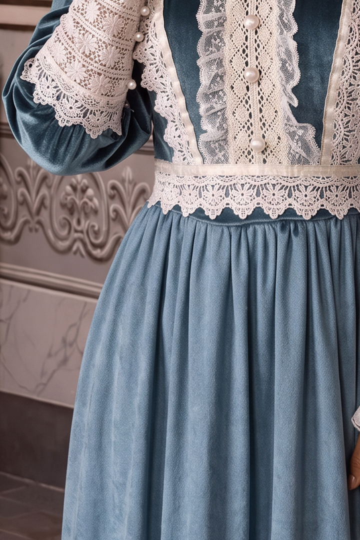 Gunne Sax Inspired Victorian Teal Velvet Dress with Blue Maxi Skirt White Lace High Neck Plus Size